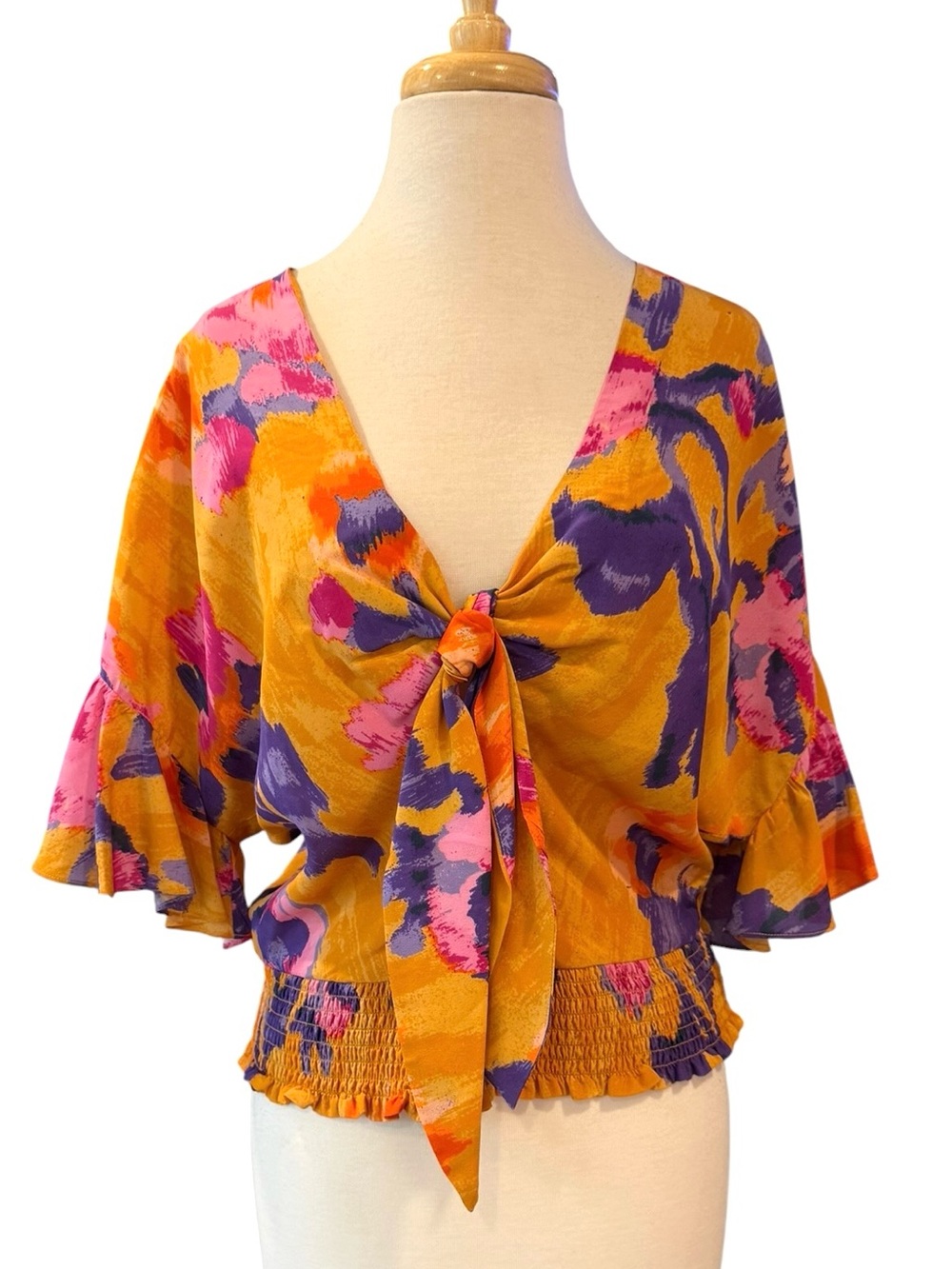 Ramy Brook Silk Blend Floral Tie Front Smocked Blouse Multicolor Size Small